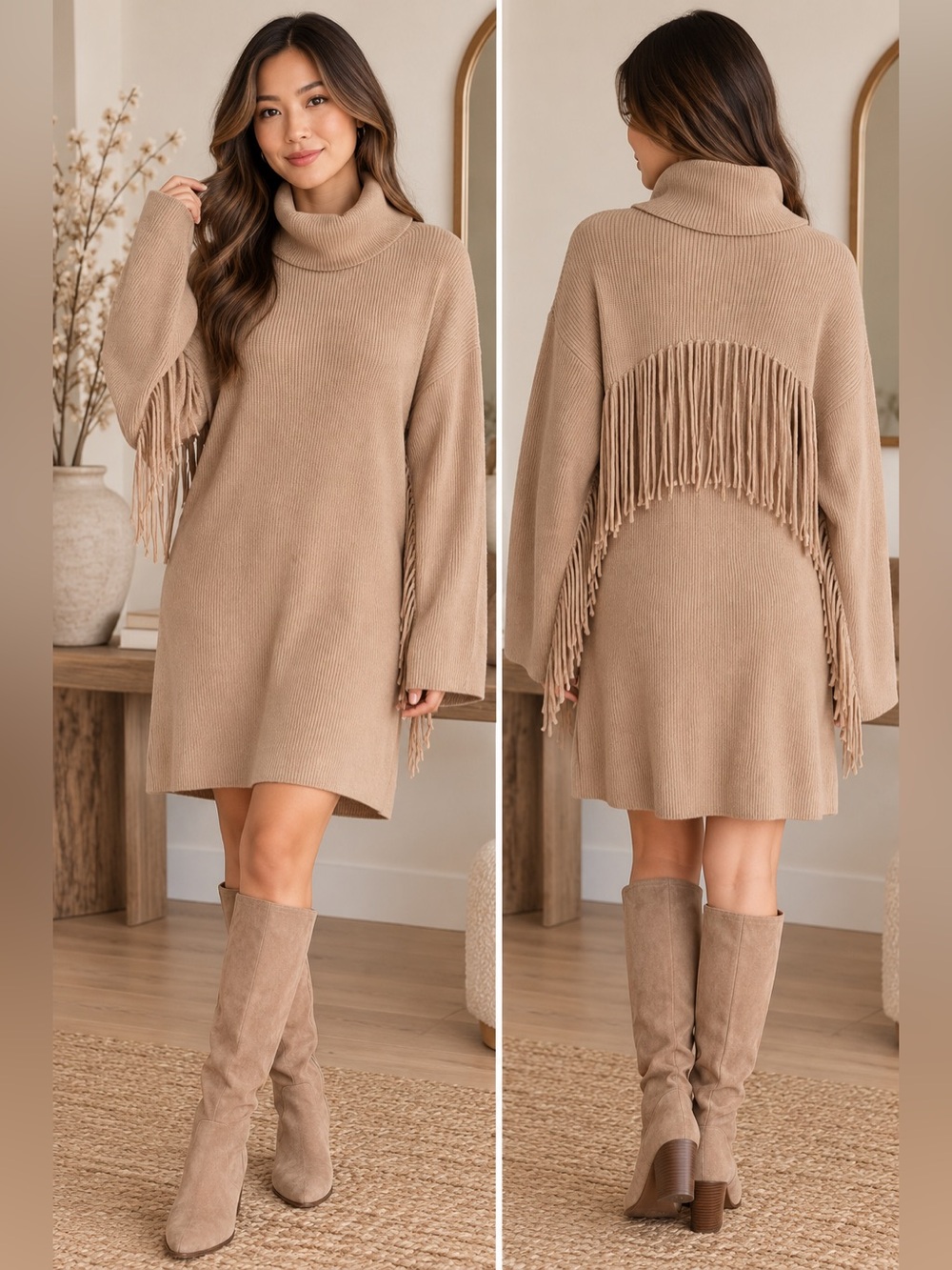 Crescent Beige Fringe Turtleneck Sweater Dress Size M